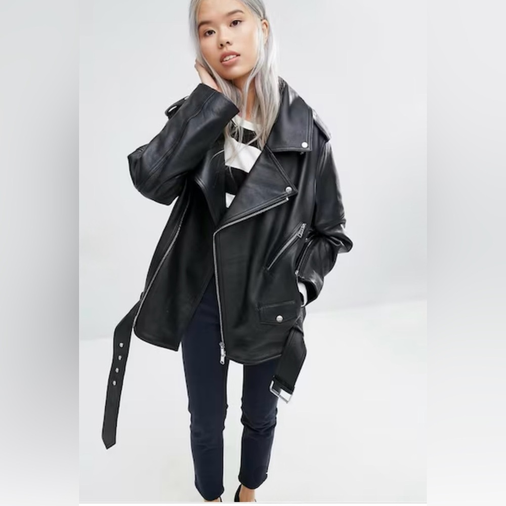 Weekday Jackson Leather Jacket Oversize Off the Shoulder Black Large NWT! $595